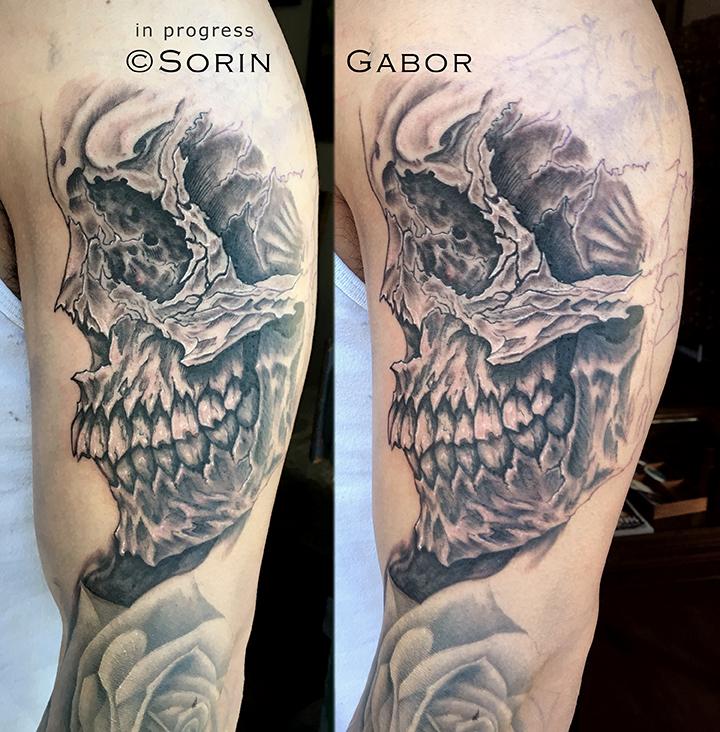 Realistic And Graphic Black And Gray Sleeve Tattoo In Progress Skull Detail By Sorin Gabor Tattoos 